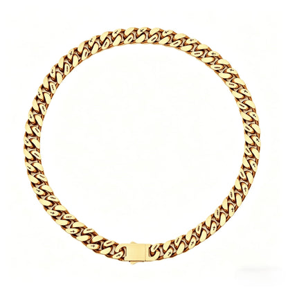 12MM 18k gold cross Cuban link chain displayed in a circular loop against a white background with its box clasp visible