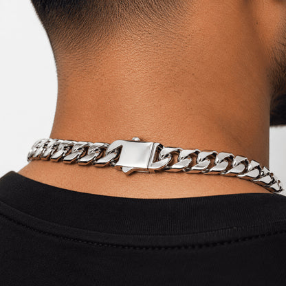 Rear view of the IceGrind 12MM Miami Cuban Link Chain resting on a man’s neck, showing the flat, comfortable fit and the aesthetic of the rear clasp.