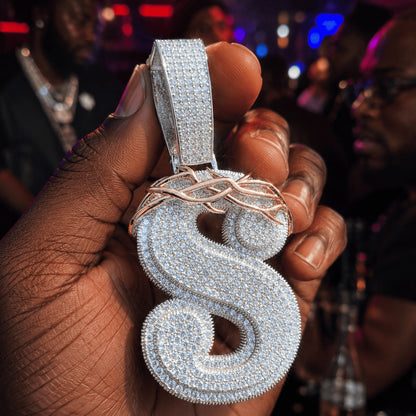 White Gold Custom Initial Pendant - Iced Out Thorn Crown Letter