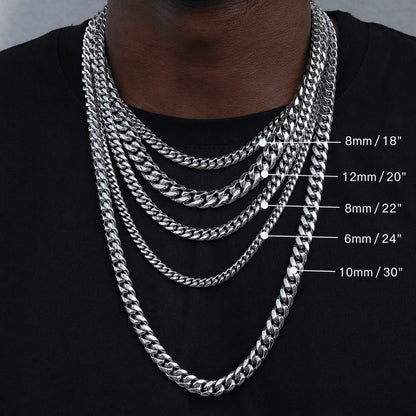 Thickness and length comparison featuring the icegrind 6mm White Gold Miami Cuban Link Chain among other cuban link miami chains.