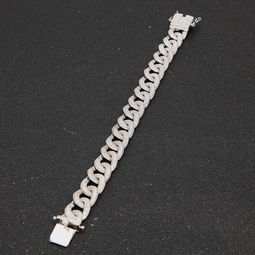 12MM White Gold Cuban Link Bracelet - Half-Pavé Wave Links