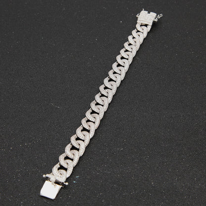 12MM White Gold Cuban Link Bracelet - Half-Pavé Wave Links