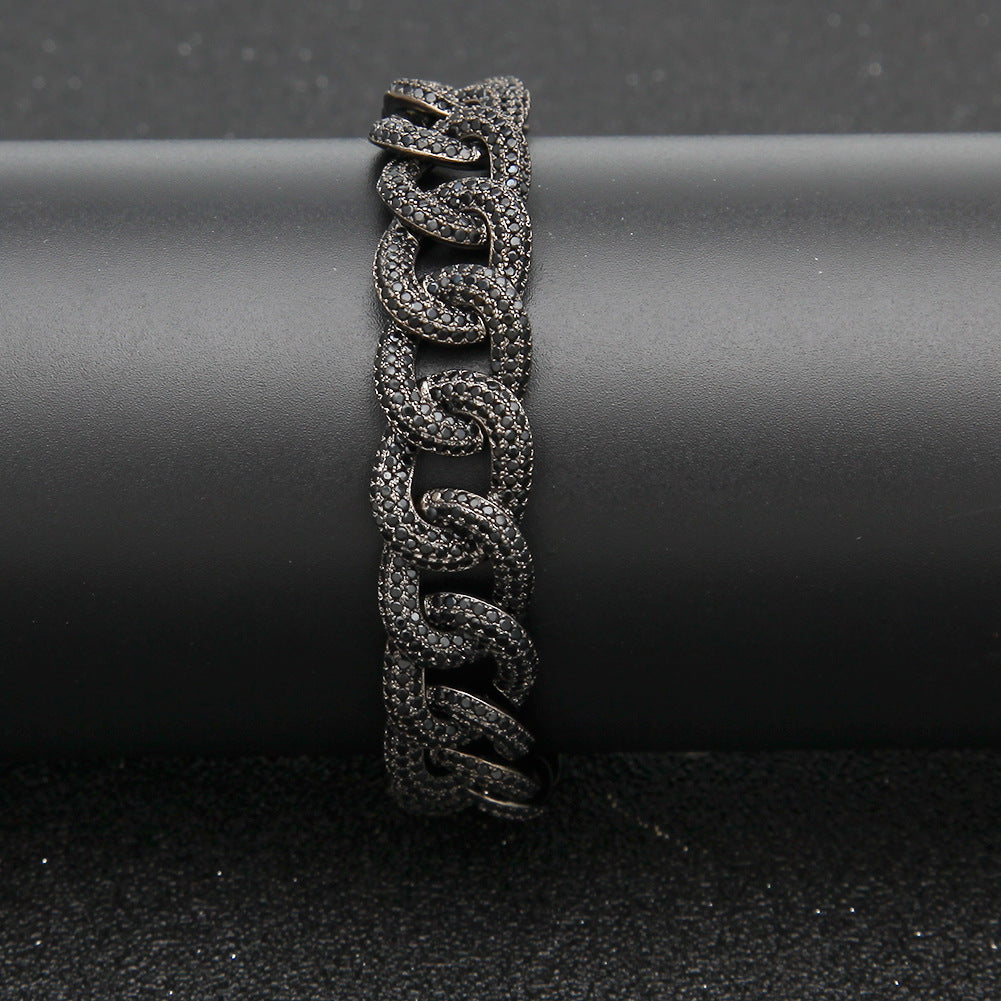 12MM Black Gold Cuban Link Bracelet - Half-Pavé Wave Links
