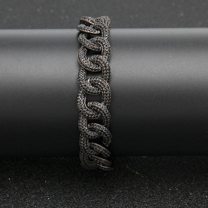 12MM Black Gold Cuban Link Bracelet - Half-Pavé Wave Links