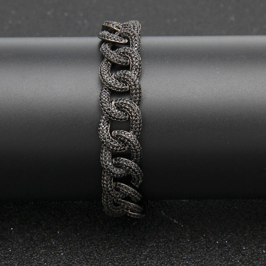 12MM Black Gold Cuban Link Bracelet - Half-Pavé Wave Links