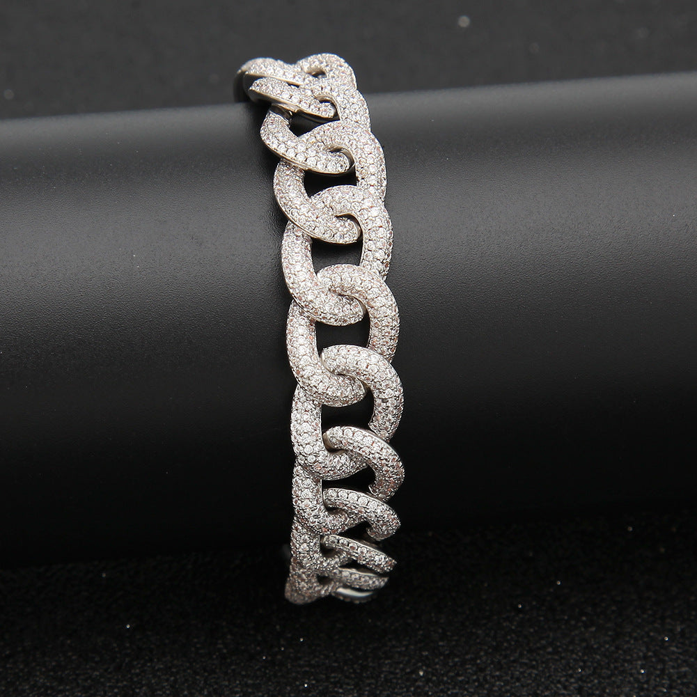 12MM White Gold Cuban Link Bracelet - Half-Pavé Wave Links