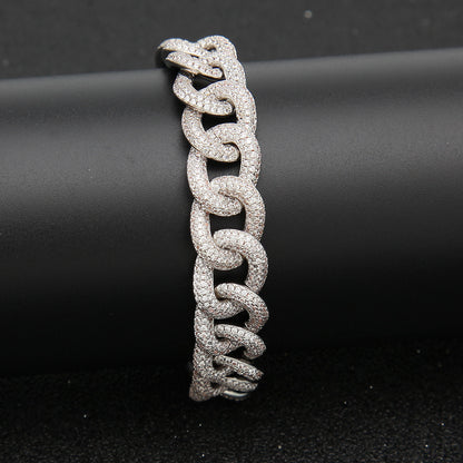 12MM White Gold Cuban Link Bracelet - Half-Pavé Wave Links