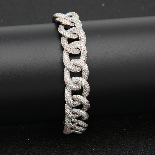 12MM White Gold Cuban Link Bracelet - Half-Pavé Wave Links