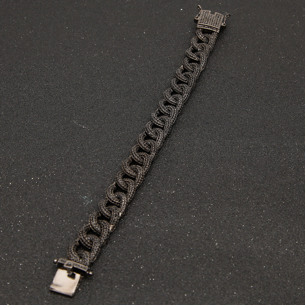 12MM Black Gold Cuban Link Bracelet - Half-Pavé Wave Links