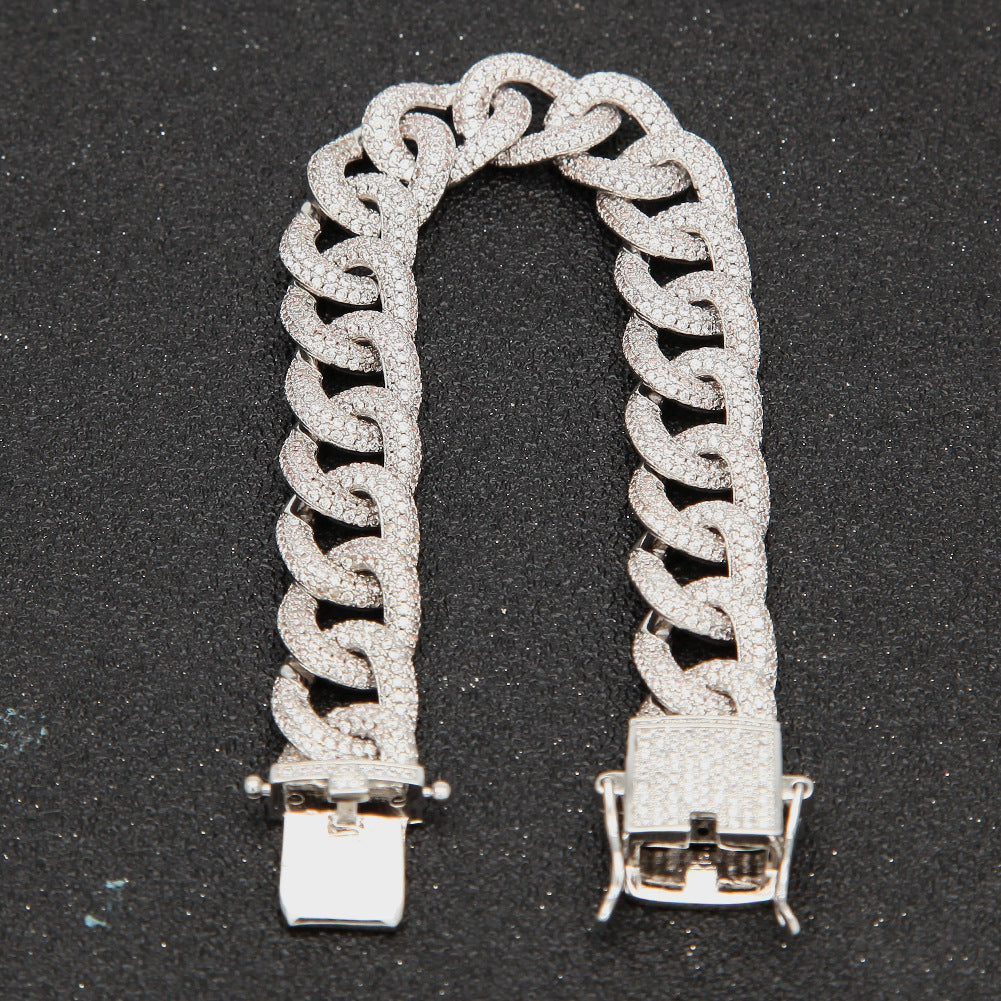 12MM White Gold Cuban Link Bracelet - Half-Pavé Wave Links