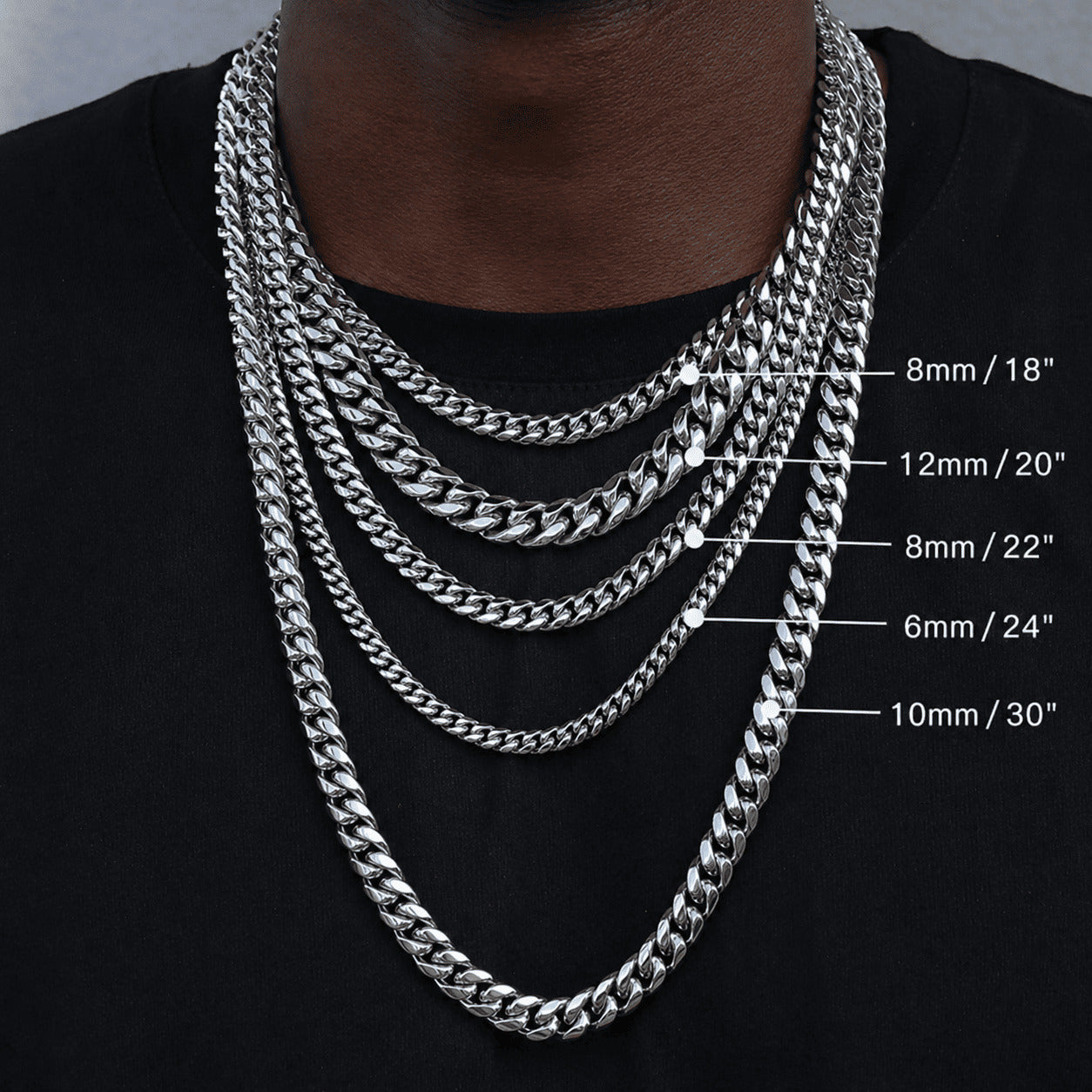 Size comparison guide featuring the IceGrind 8mm White Gold Miami Cuban Link Chain. Find your perfect thickness for a cuban link miami chain.
