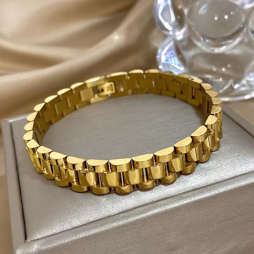 10MM Gold Watch Link Bracelet - Polished 3-Row Links
