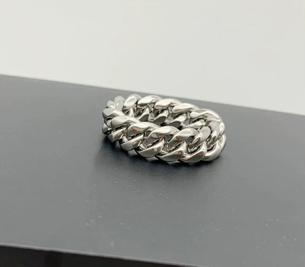 White Gold Cuban Link Ring - Chunky Sculpted Links