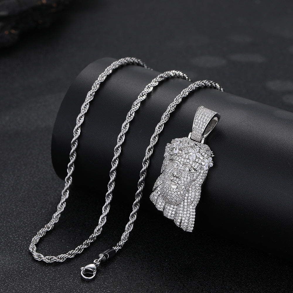 White Gold Jesus Pendant - Mini Crowned Jesus Head