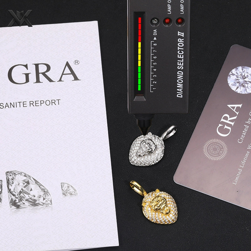 S925 Moissanite Solid Lion Head Pendant - Ice Grind