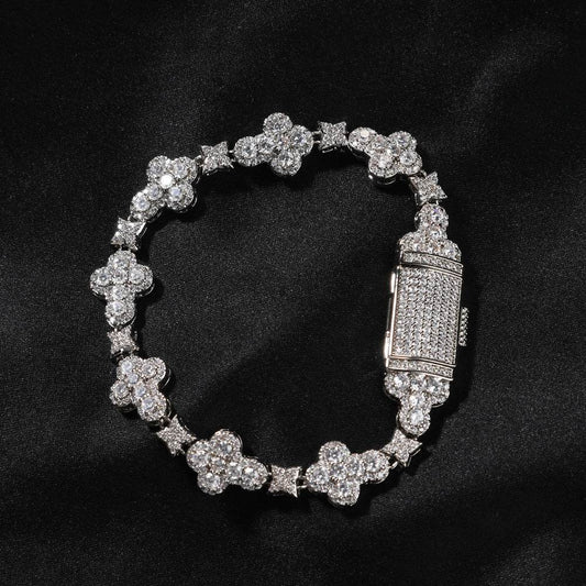 10MM White Gold Link Bracelet - Iced Cross & Star Links