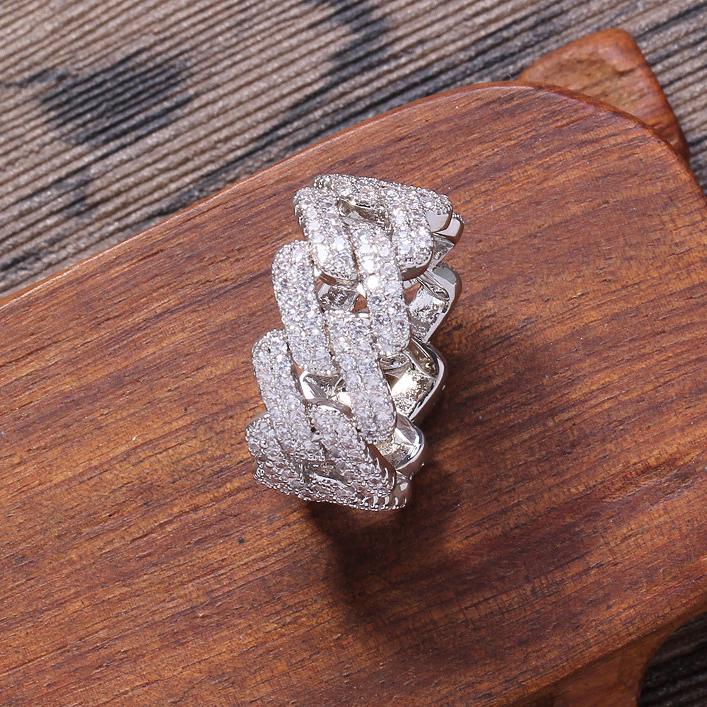 White Gold Cuban Link Ring - Iced Open Square Links
