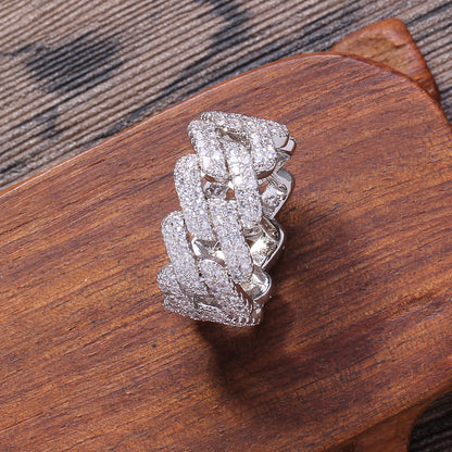 White Gold Cuban Link Ring - Iced Open Square Links