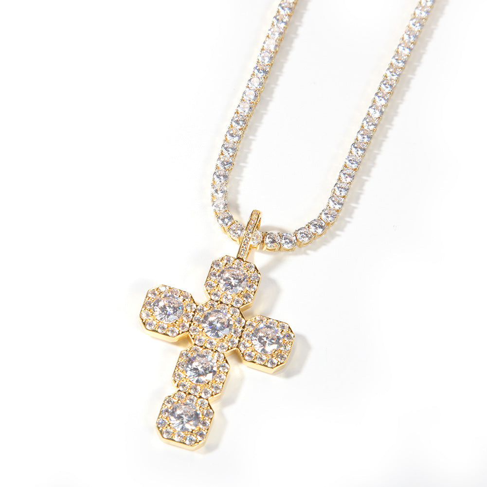 Gold Cross Pendant - Five Stone Halo Cross