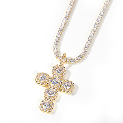 Gold Cross Pendant - Five Stone Halo Cross
