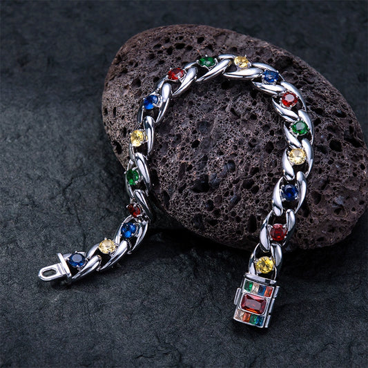 10MM White Gold Cuban Link Chain - Multi-Color Stone Design