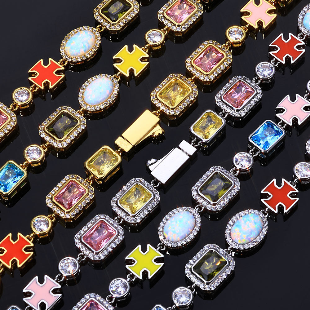 10MM Gold Cross Link Chain - Iced Multi-Color Gemstone Charms