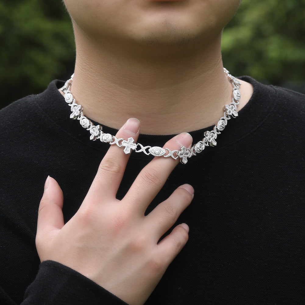 14MM white gold iced out evil eye cross link chain worn around the neck for fit and style