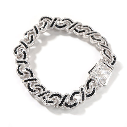 12MM White Gold Cuban Link Bracelet - Black Baguette Waves