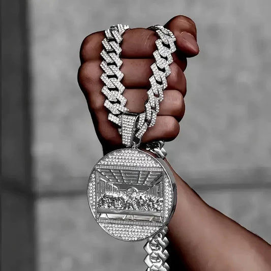 White Gold Jesus Pendant - Iced Last Supper Scene