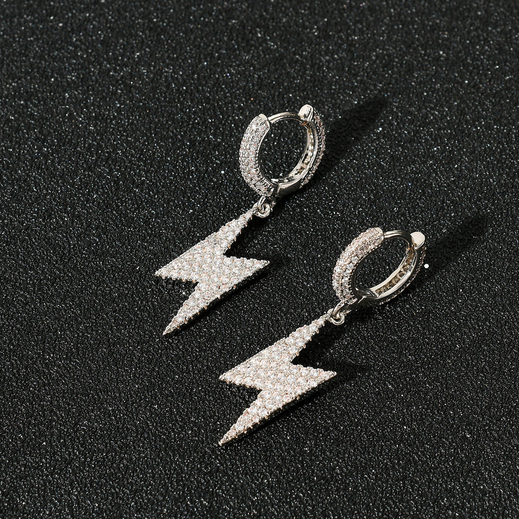White Gold Hoop Earrings - Iced Lightning Bolt Drops