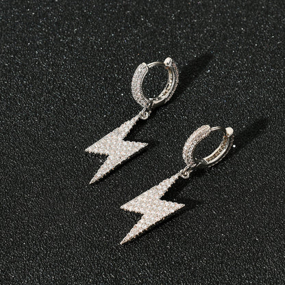 White Gold Hoop Earrings - Iced Lightning Bolt Drops