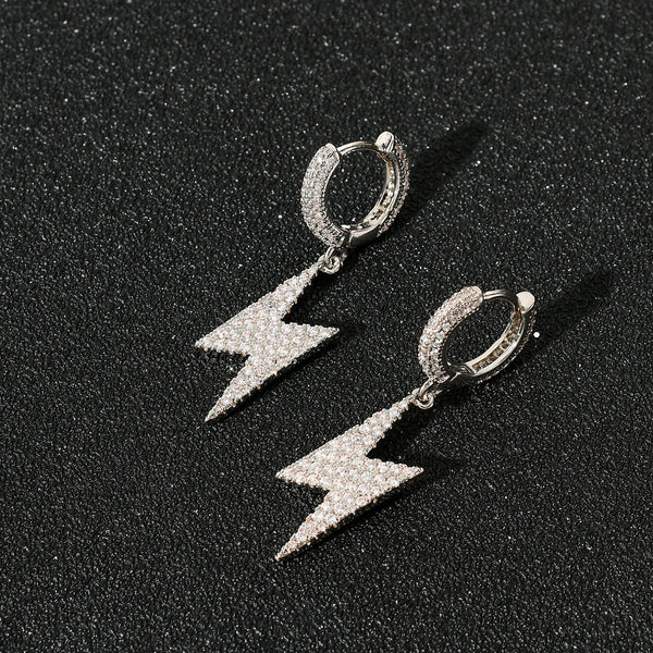White Gold Hoop Earrings - Iced Lightning Bolt Drops
