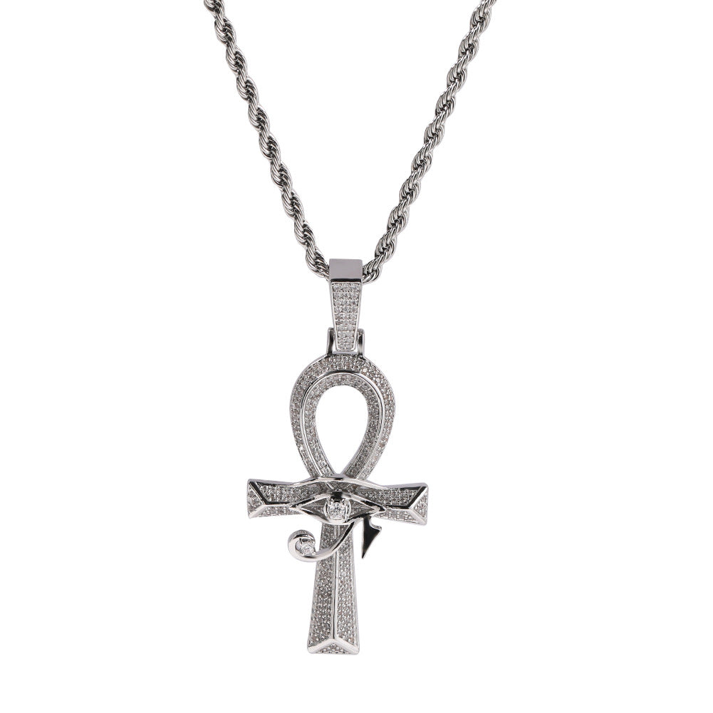 White Gold Cross Pendant - Iced Eye of Horus Ankh
