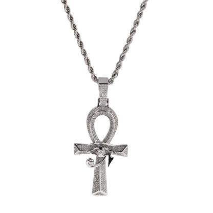 White Gold Cross Pendant - Iced Eye of Horus Ankh