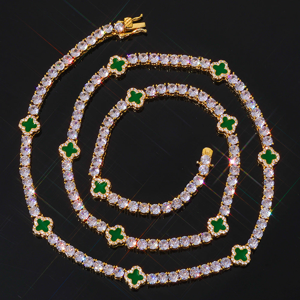 4MM Gold Tennis Chain - Iced Green Clover Design