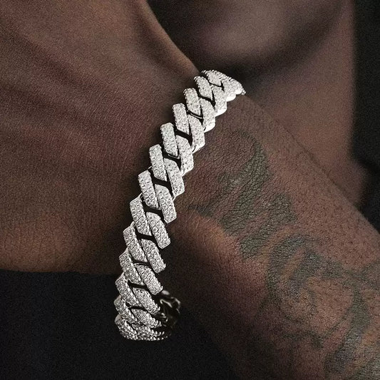 14MM White Gold Cuban Link Bracelet - Silver Slash Pavé Links