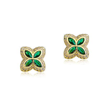 Gold Stud Earrings - Green Four-Leaf Clover