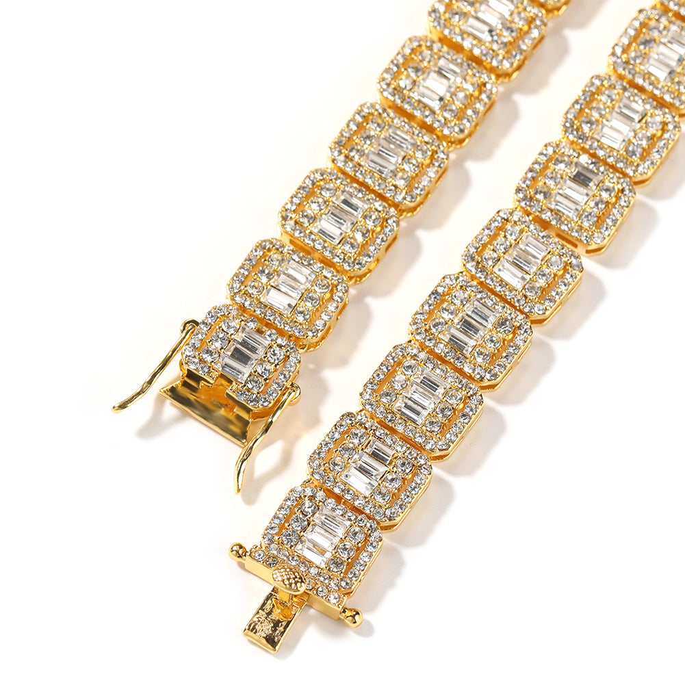 Two 13MM gold tennis chains arranged in parallel against a white background