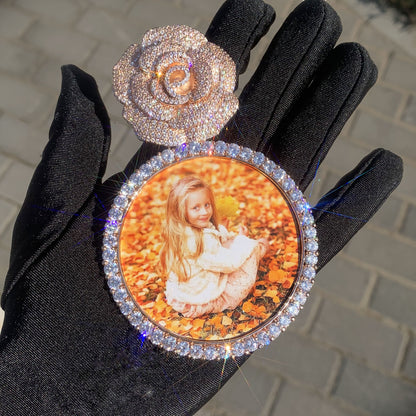 Rose Gold Custom Photo Pendant - Iced Out Rose Medallion
