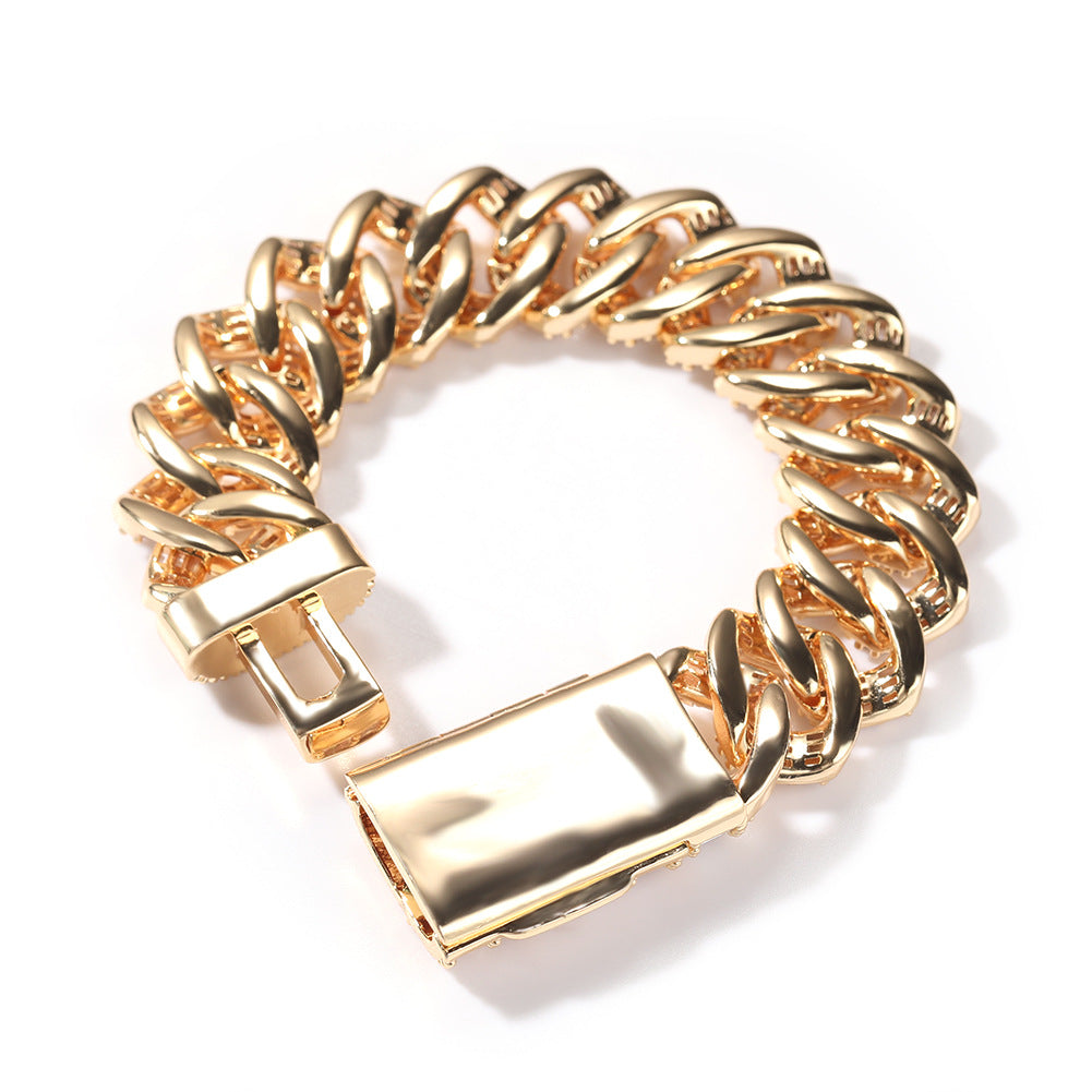 16MM Gold Cuban Link Bracelet - Triple-Row Baguette Rails