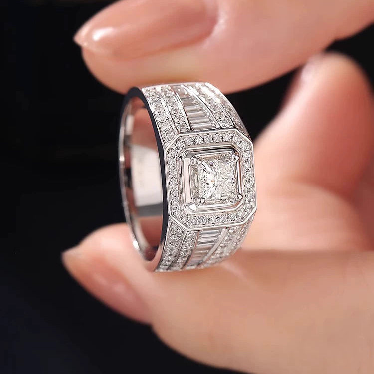 White Gold Signet Ring - Round Stone Double-Row Sides