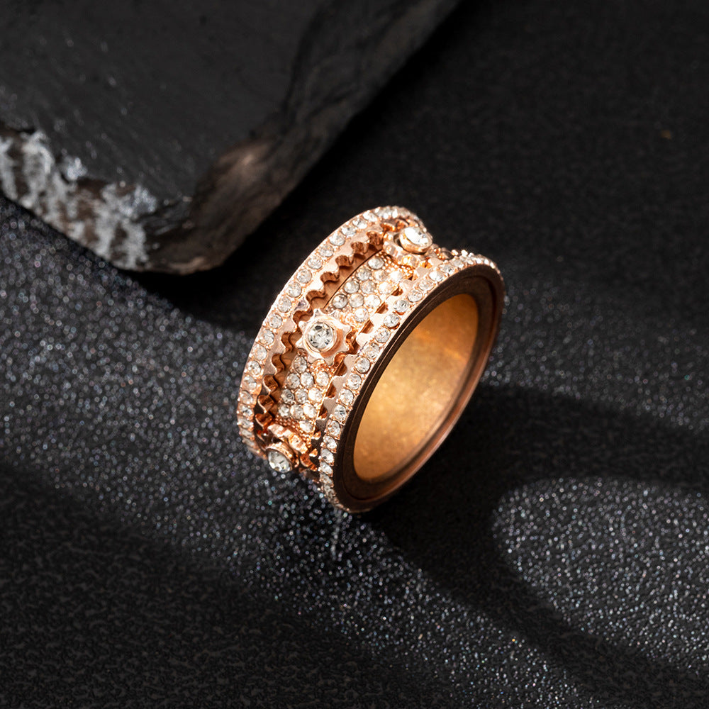 Rose Gold Spinner Ring - Iced Rotating Gear Center