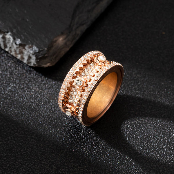 Rose Gold Spinner Ring - Iced Rotating Gear Center