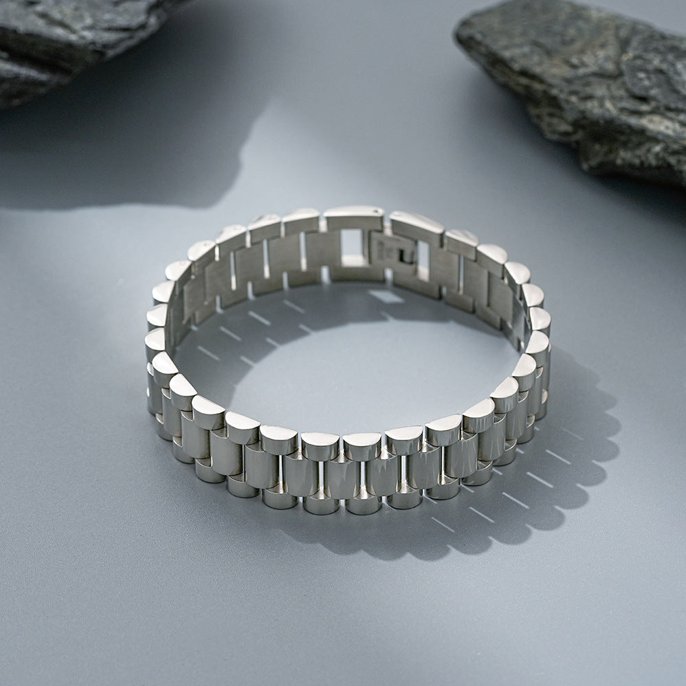 15MM White Gold Watch Link Bracelet - Bold Barrel Links
