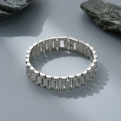 15MM White Gold Watch Link Bracelet - Bold Barrel Links