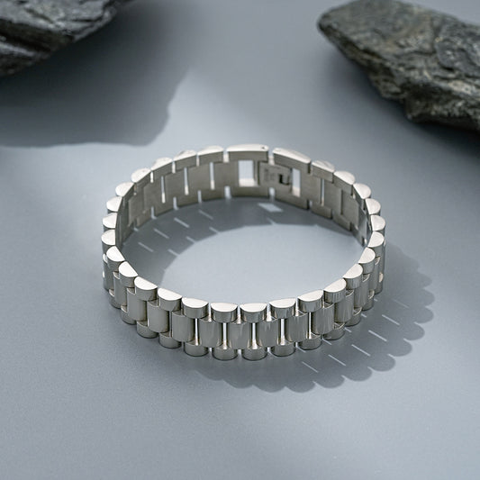 15MM White Gold Watch Link Bracelet - Bold Barrel Links