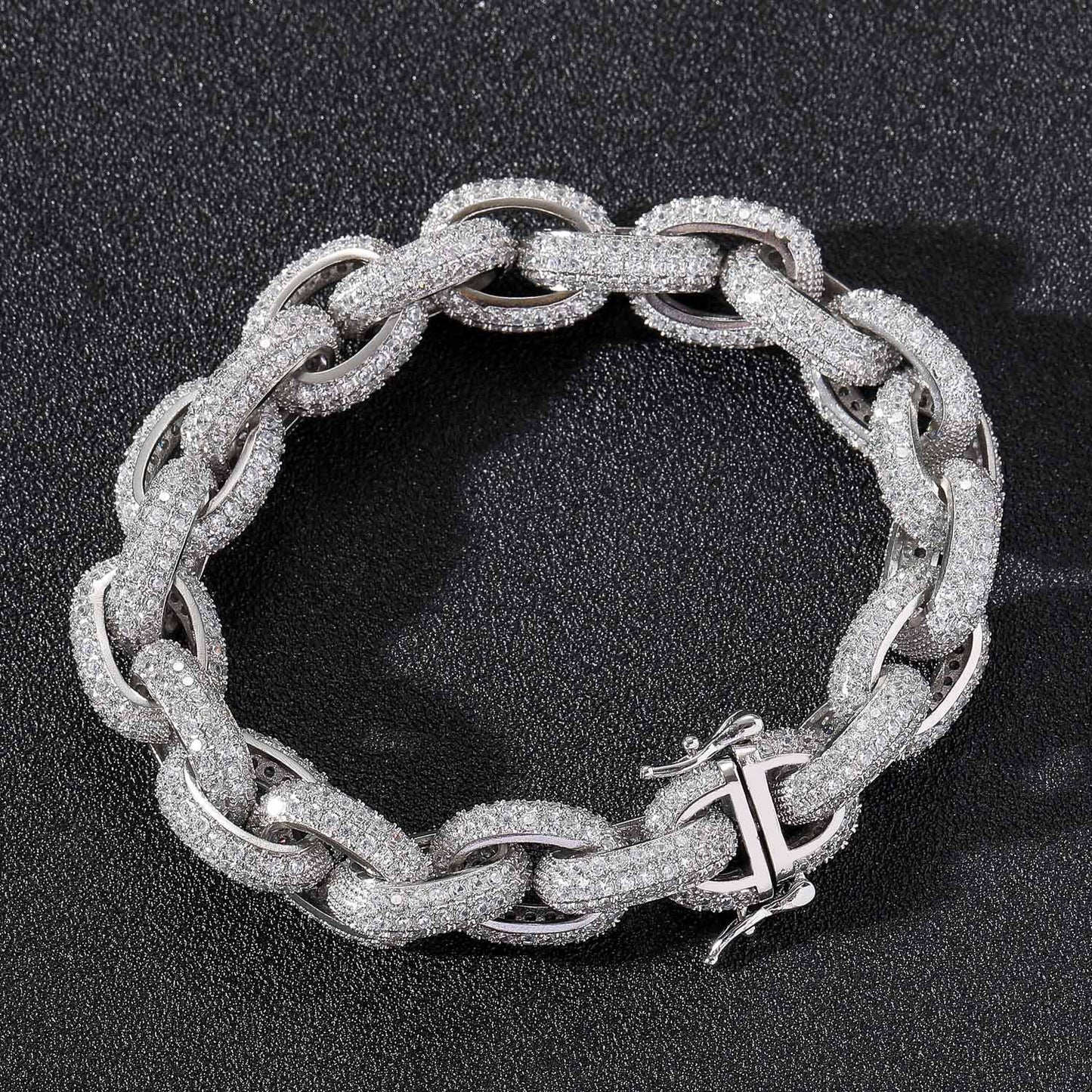 13MM White Gold Link Bracelet - Iced Rounded Cable Links
