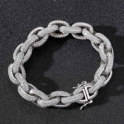 13MM White Gold Link Bracelet - Iced Rounded Cable Links