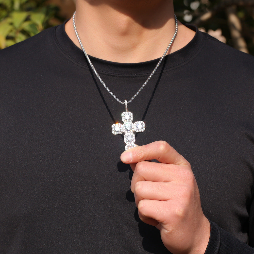 White Gold Cross Pendant - Five Stone Halo Cross