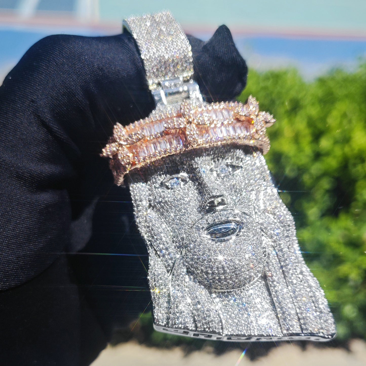 Rose Gold Jesus Pendant - Iced Crown Face Pendant